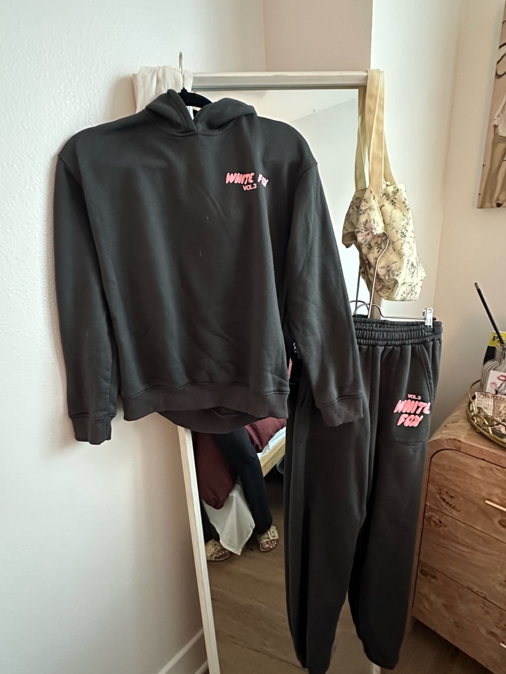 White Fox Boutique Black Hoodie & Jogger Pajama Set with Pink Logo